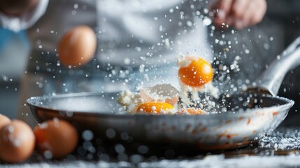 Dynamic close-up of eggs cracking mid-air over a frying pan with droplets flying around, capturing the motion and energy of cooking in a kitchen setting.