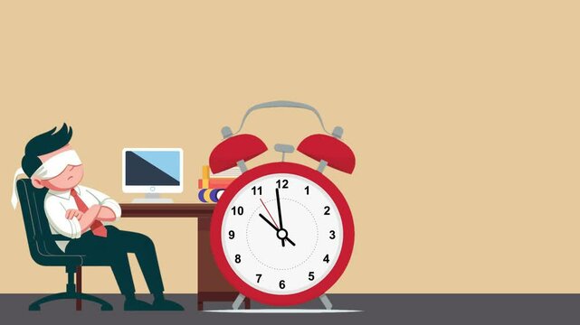 Animation of a businessman procrastinating at his desk with a large alarm clock. Symbolizes delay, procrastination, and time management issues.