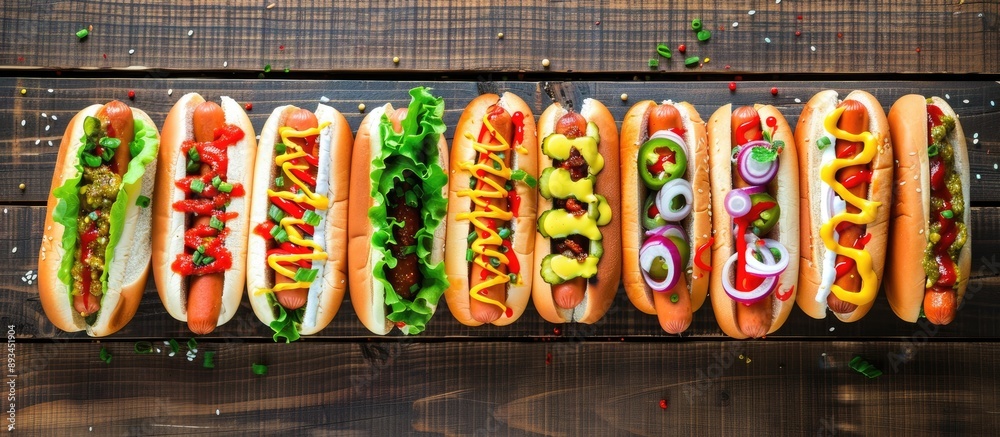 Poster a variety of hot dogs topped with veggies lettuce and sauces on a wooden surface top down view with 