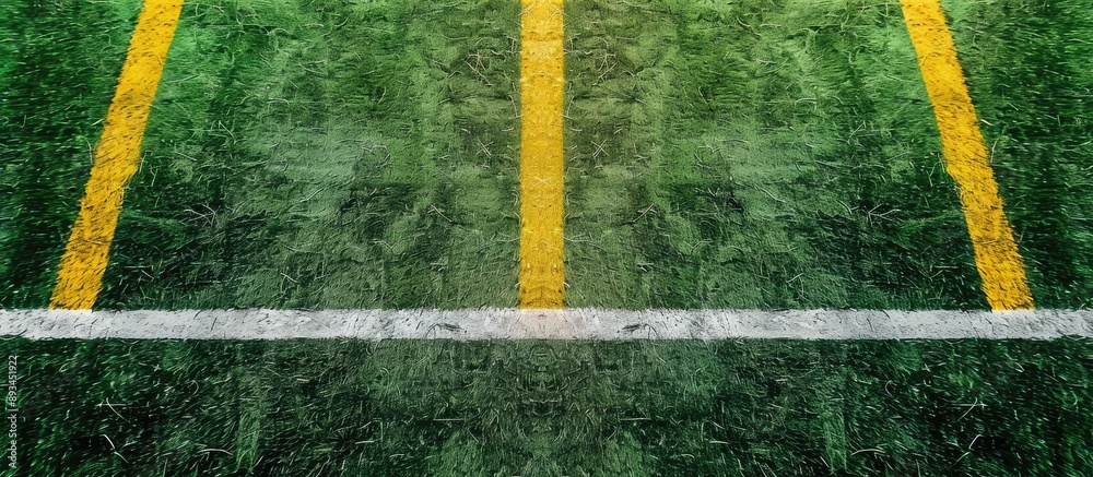 Aufkleber Top view of an artificial grass soccer field with white and yellow boundary lines perfect for a copy space image