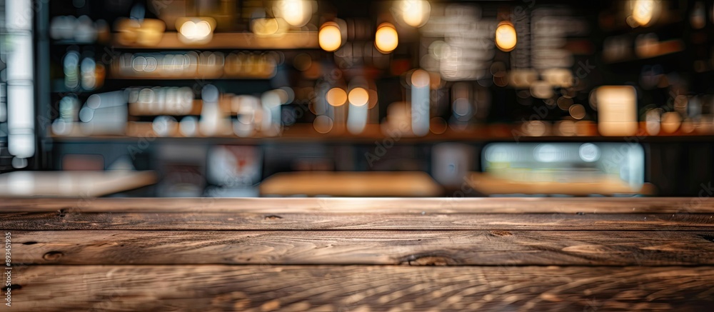 Poster bokeh background at a coffee shop with a blurred effect behind the chosen empty brown wooden table p