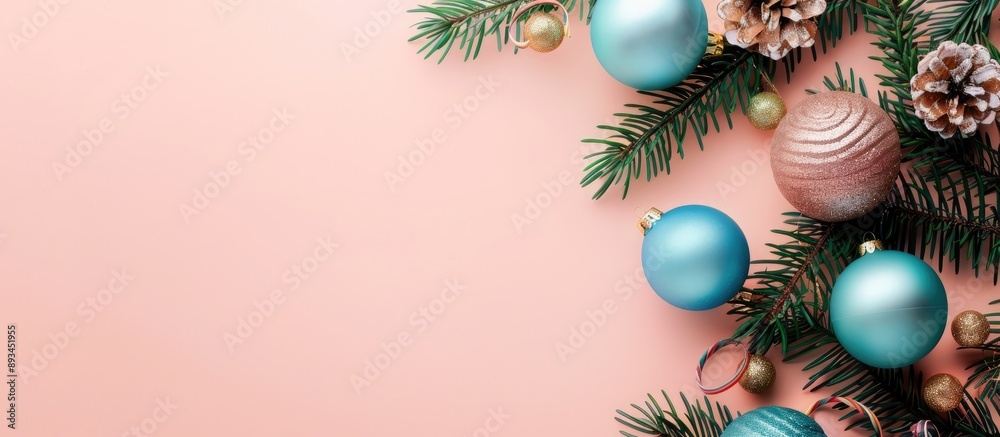 Poster Top down view of Christmas decorations on a pastel colored background with copy space image