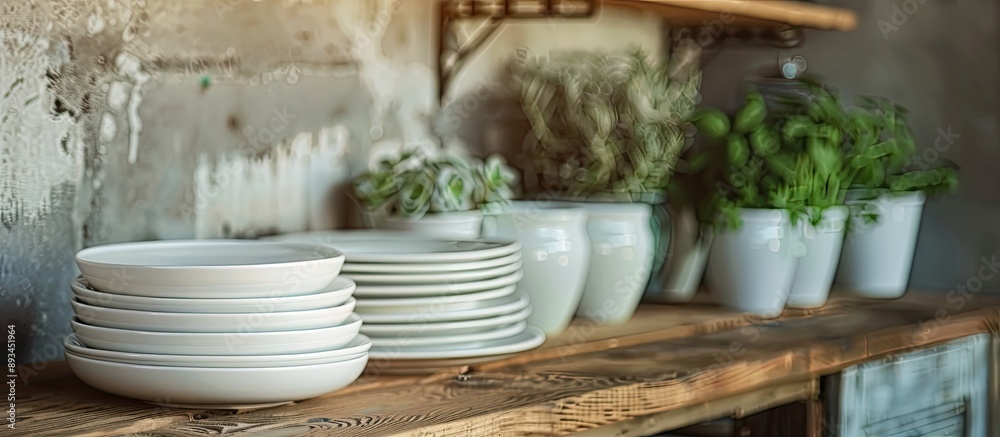 Aufkleber Indoor scene with a fresh set of white dishes displayed on a wooden table creating an inviting atmosphere with visible copy space image