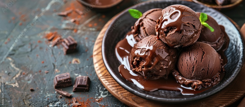 Aufkleber chocolate ice cream with syrup on plate on dining table with copy space image