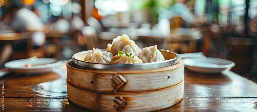 Poster blurry steamed dumplings in a bamboo steamer sit on a dining table in a chinese restaurant surrounde