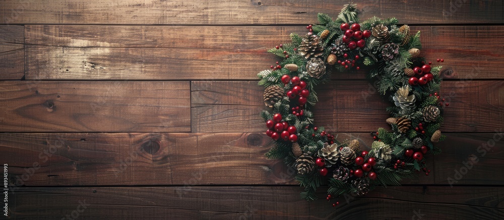 Aufkleber top view of a christmas wreath decoration on a wooden background with copy space image