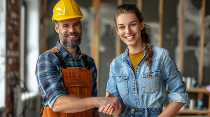 A successful partnership: A happy contractor and homeowner shake hands in agreement for a home renovation, symbolizing trust, collaboration, and mutual satisfaction in the project.