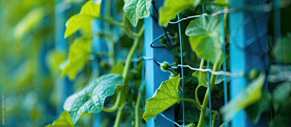Aufkleber selective focus on cucumber plant tied to blue trellis in a close up copy space image