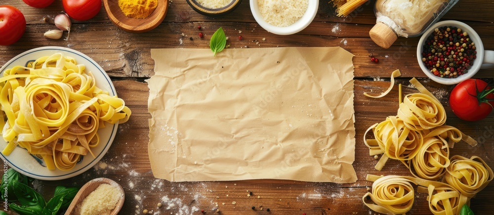 Poster tagliatelle pasta and ingredients displayed with a blank paper for copy space image
