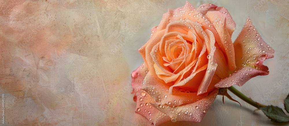 Aufkleber dreamy still life photography of a solitary pink orange rose with rain drops set against a soft back