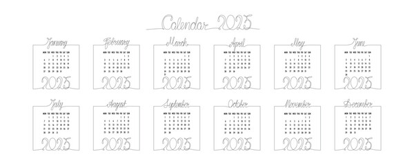 2025 calendar with hand drawing month and year sign in frame. Vector illustration isolated on white background for design template print materials, daily planner. Editable stroke one single line.