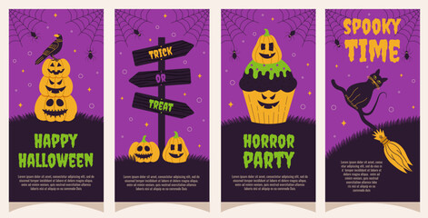 Halloween. Set of Halloween flyers, posters, party invitations. Template for greeting cards, background, cover, sale banner, flyer, advertising, web, social media.
