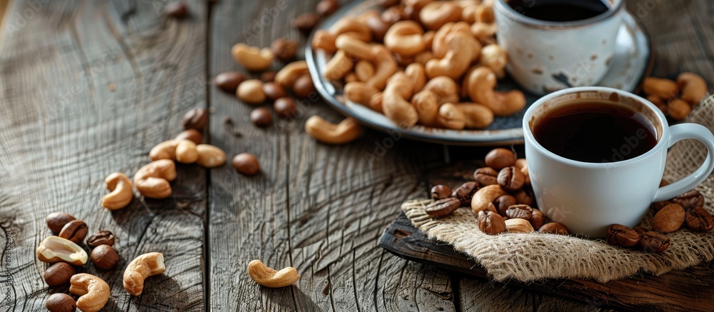 Leinwandbilder coffee cups and a plate of fried nuts are displayed on the table with copy space image