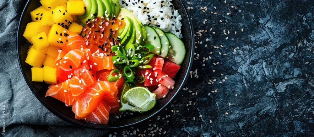 Poster top view of ingredients for poke bowl including rice salmon assorted vegetables fruits like avocado 