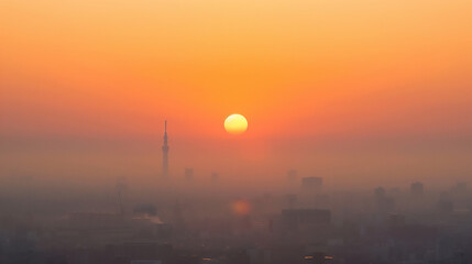 Naklejka premium sunset over the misty city