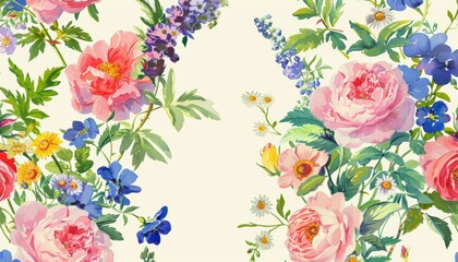 Watercolor Floral Pattern with Pink and Blue Flowers