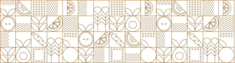 Line geometric mosaic seamless pattern illustration. Organic fruit vegetable geometric pattern. Natural food background creative simple bauhaus style, agriculture vector design. Healthy Food pattern