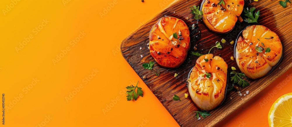 Poster top view of seared scallop fillets beautifully presented on a wooden board against an orange backgro