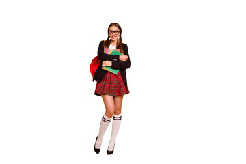 Full length body size view photo charming teenager hold hand material knowledge eyewear eyeglasses checked plaid long tails pigtail ponytail backpack black jacket blazer isolated colorful background
