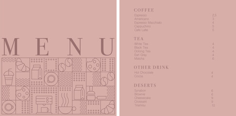 Cafe design menu. Coffee drinks menu price list for cafe, coffee shop vector template. Coffee linear print. Pattern with coffee theme in geometric minimalistic style. 