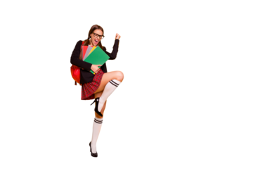 Full length body size view photo tails lady youth thrilled pigtail ponytail isolated eyewear eyeglasses checked plaid long red skirt backpack knee-sock black jacket blazer scream yellow background