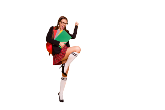 Full length body size view photo tails lady youth thrilled pigtail ponytail isolated eyewear eyeglasses checked plaid long red skirt backpack knee-sock black jacket blazer scream yellow background - Powered by Adobe