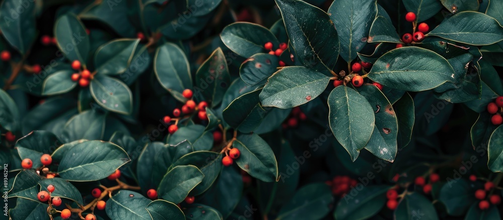 Aufkleber Ilex branch without red berries showcasing shiny evergreen leaves with visible spikes ideal for copy space image