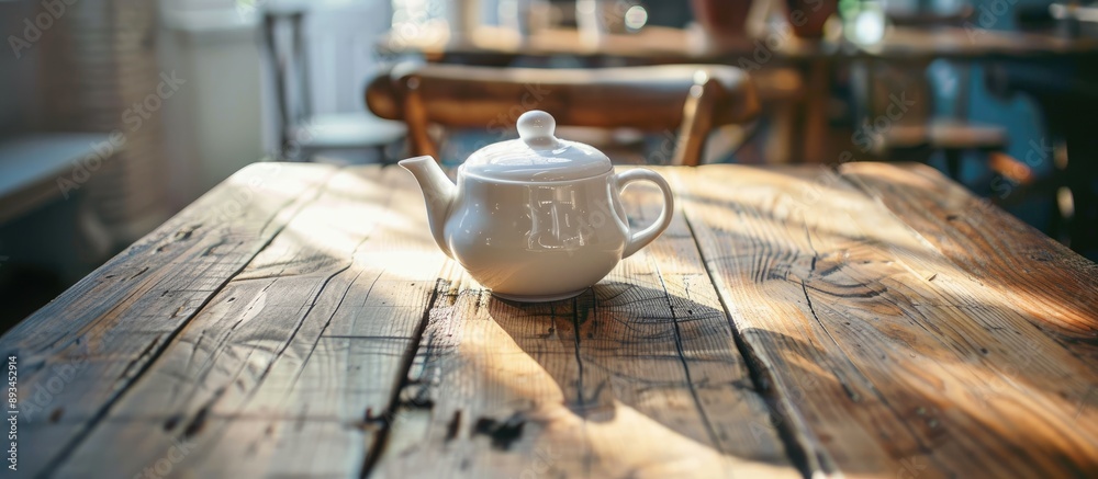 Poster Close up of a teapot on a wooden table in a cafe with a blank area for additional image or text known as copy space image