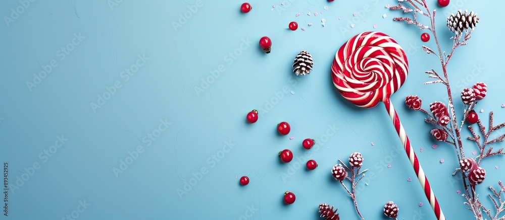 Poster top down view of a decorative christmas lollipop on a blue background in a flat lay composition with