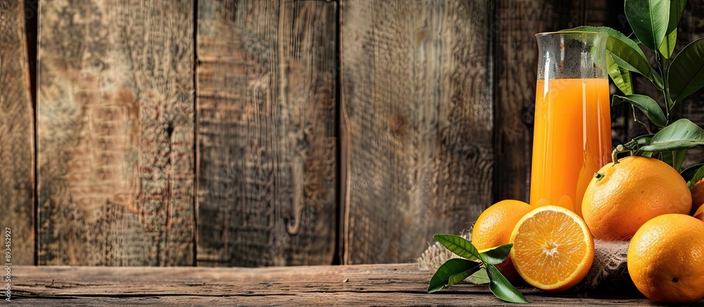 Poster fresh oranges and a glass of orange juice presented on a rustic wooden backdrop with space for addin