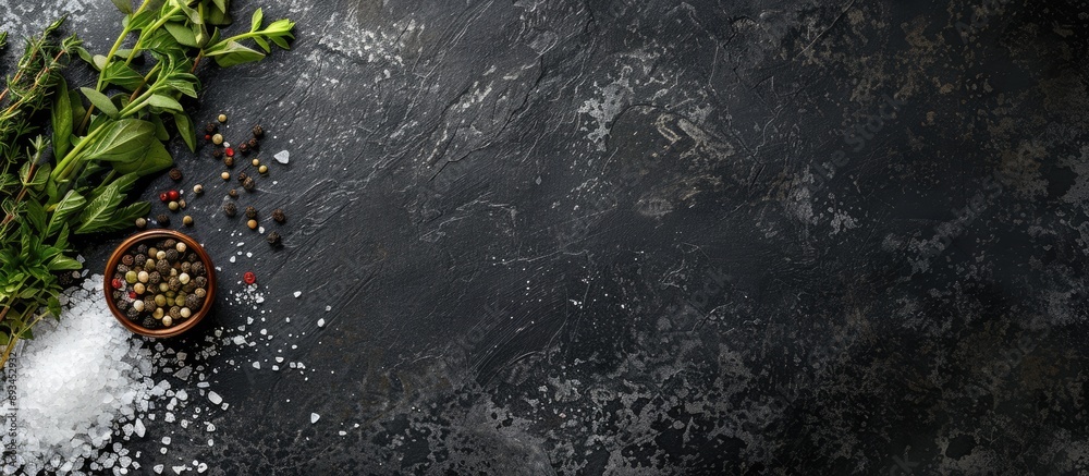Fototapete top view of a dark stone table with salt and herbs creating a food cooking background perfect for a 