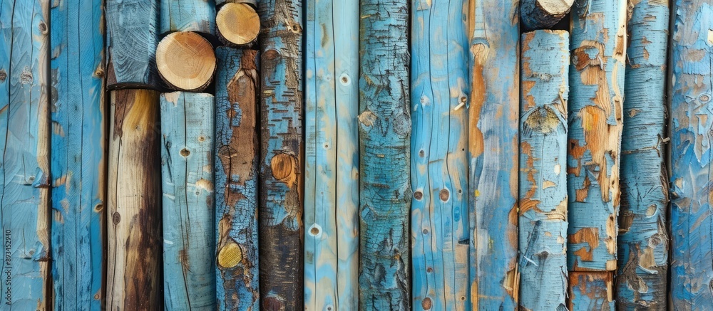 Aufkleber Vertical sky blue logs create a stylish log board wall texture background with copy space image