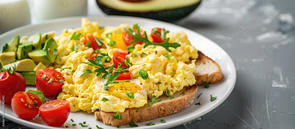 Poster side view of a white plate with scrambled eggs and tomatoes accompanied by milk toast with avocado a