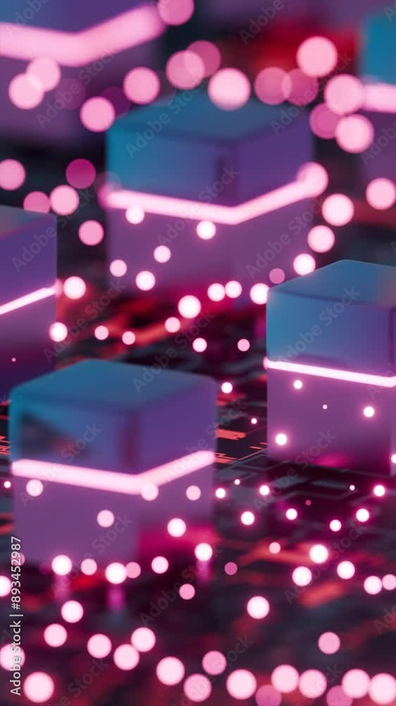 Poster futuristic digital blocks with neon lights on circuit board