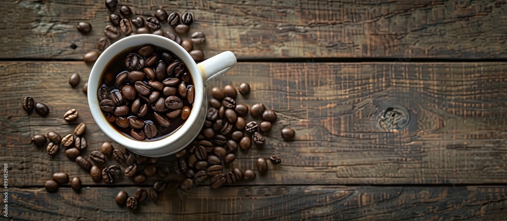 Fototapete top down view of a coffee cup beans on a vintage table with space for text or image insertion. with 