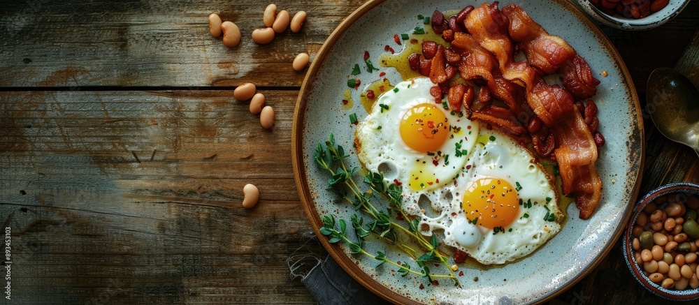Aufkleber Morning meal featuring eggs beans and bacon on a plate with ample empty space suitable for adding a design or text known as a copy space image