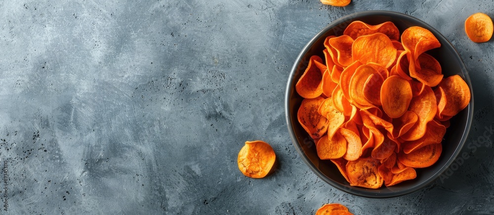 Aufkleber top view of a bowl filled with fresh organic carrot chips on a grey surface ideal for text with a co