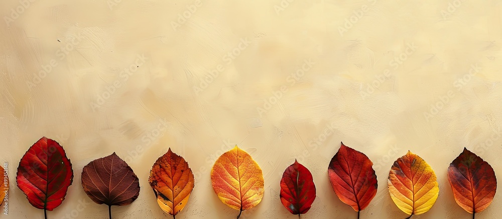 Aufkleber Autumn leaves in red and yellow shades neatly arranged in a row on a soft beige background provide a seasonal card or backdrop with a colorful textured foliage and copy space image