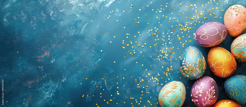 Leinwandbilder A variety of colorful Easter eggs adorned with sequins along with a present displayed on a blue surface seen from the top with available space for text or images. with copy space image