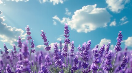 The contrast of lavender against blue sky. Generative AI.