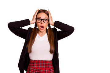 Portrait lovely astonished lady teen teenager impressed terrified touch head scream shout omg white red skirt tails beautiful pullover sweater black jacket isolated yellow background