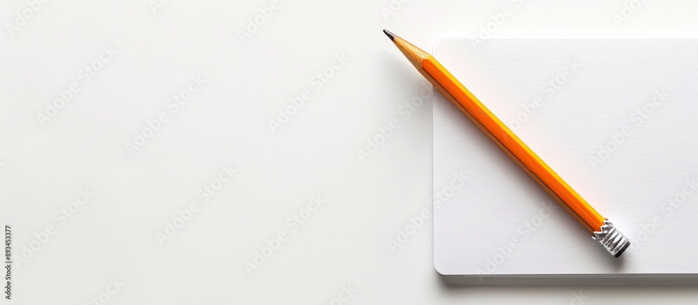 Poster A wooden pencil and notepad displayed on a white background with copy space image