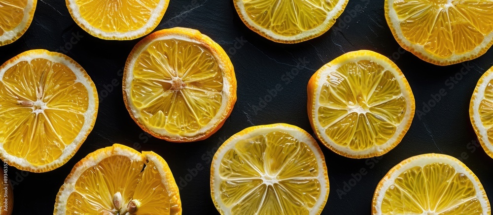 Fototapete Close up image of fresh juicy yellow lemon slices on a black background with a flat lay perspective and top view highlighting the vibrant citrus fruit Contains copy space