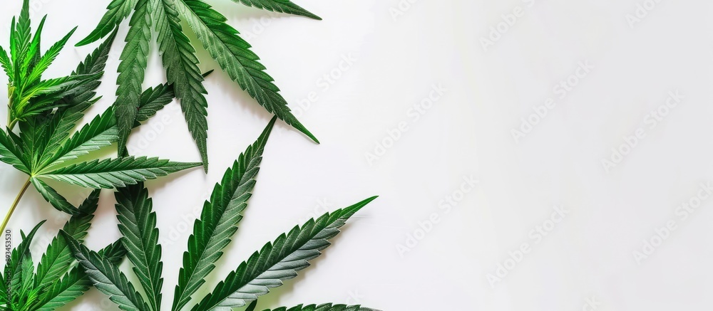 Poster cannabis leaves displayed on a white backdrop with copy space image