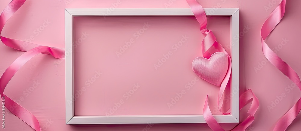 Poster women s day concept with pink ribbon and heart design in a frame with copy space image
