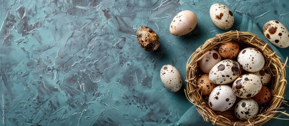 Aufkleber Fresh quail eggs arranged in an Easter composition with a top view showcasing a copy space image