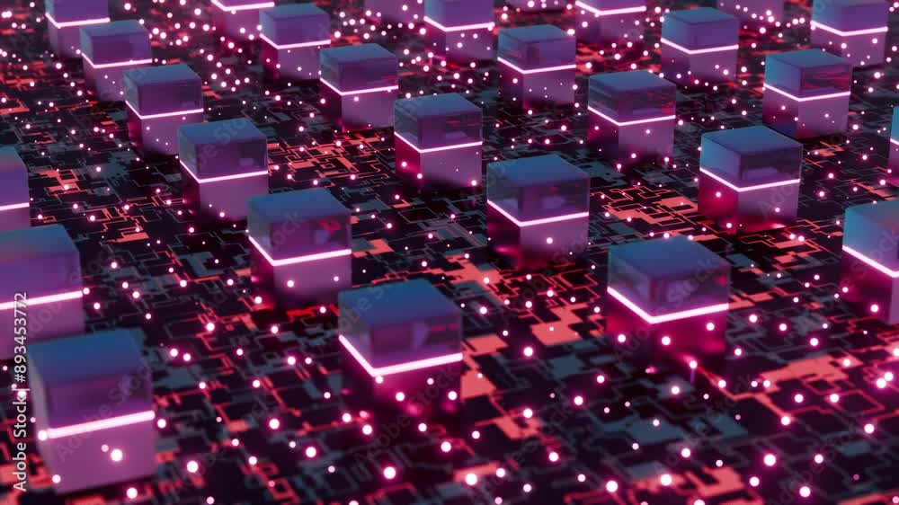 Poster futuristic digital blocks with neon lights on circuit board