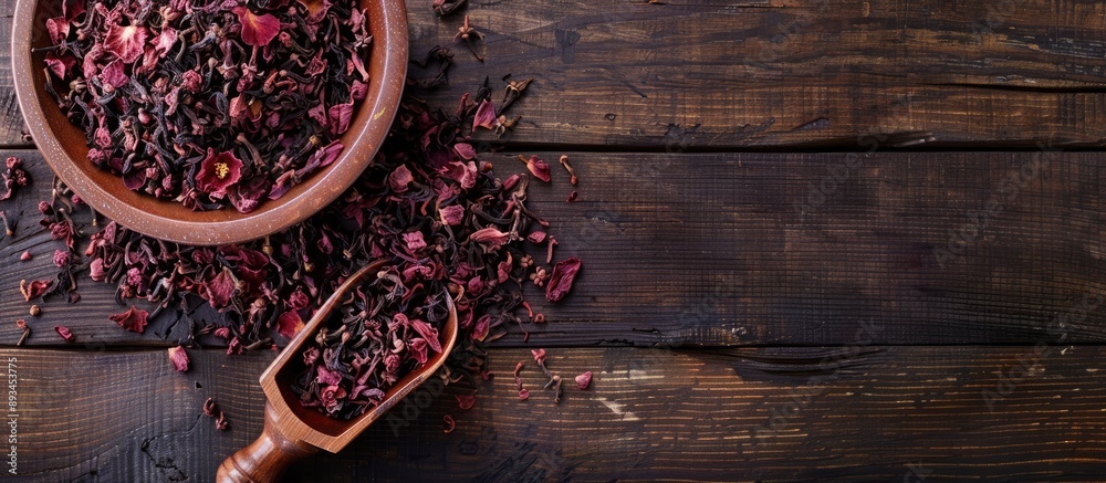 Poster wooden table with a scoop and bowl filled with dry hibiscus tea offering ample copy space image for 