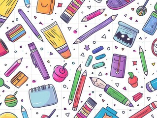 Seamless pattern of colorful school supply doodles for educational themes.