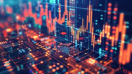 Fototapeta premium digital art piece illustrating the synergy between technology and finance, with circuit boards and financial charts merging into a seamless interface